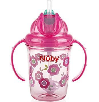 Nuby 8 Oz 2 Handle Tritan Straw Cup Pink (Flowers) 